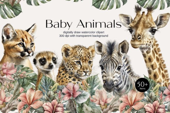Download Watercolor Safari Baby Animals Clipart - Premium Bundle